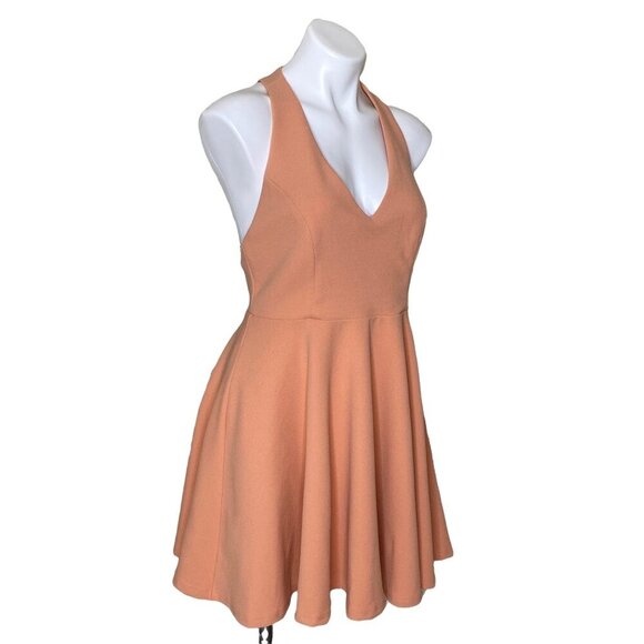 Lulus Peach Lawson Skater Dress With Deep V-Neckline & Open Back Design Size L - Picture 5 of 12